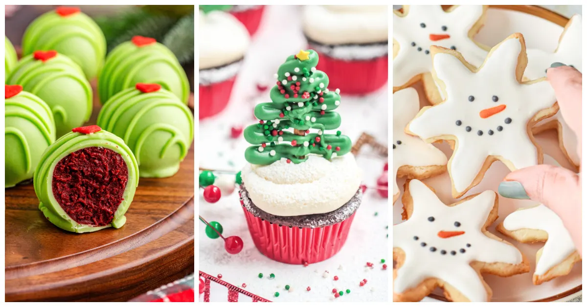 Featured fun Christmas dessert recipes including The Grinch Oreo Balls, Christmas tree cupcakes, and snowman snowflake cookies.