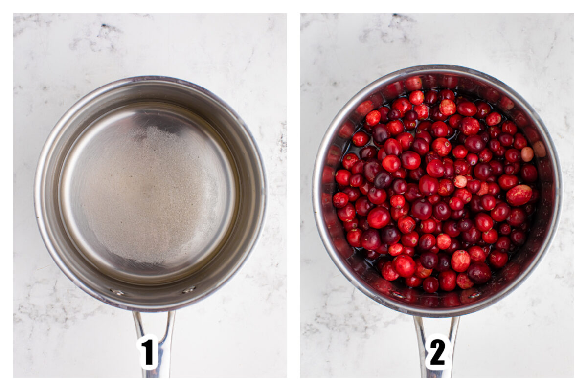 Simple syrup in a saucepan with cranberries added.