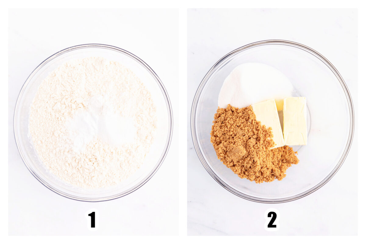 Dry ingredients mixed together in a bowl, sugar and butter in a separate bowl.
