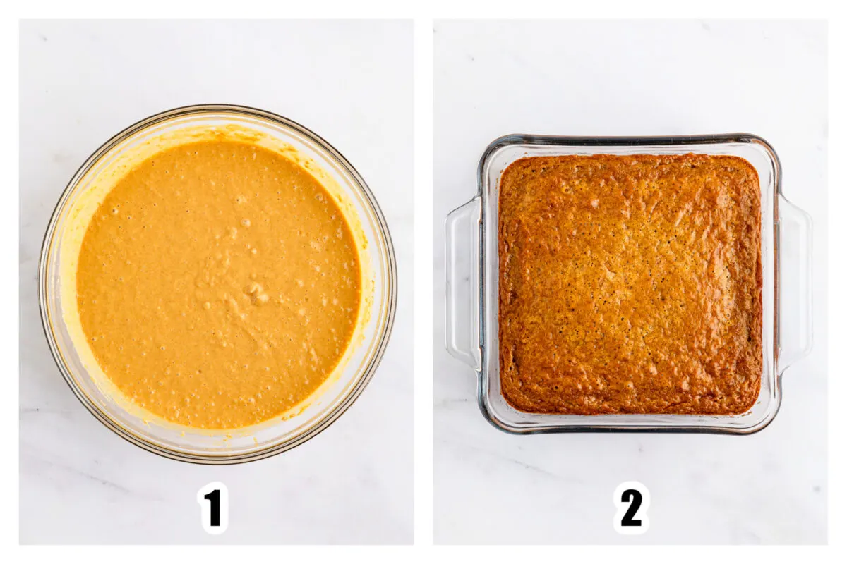Gingerbread cake mix prepared in a large bowl, then baked in a baking dish.
