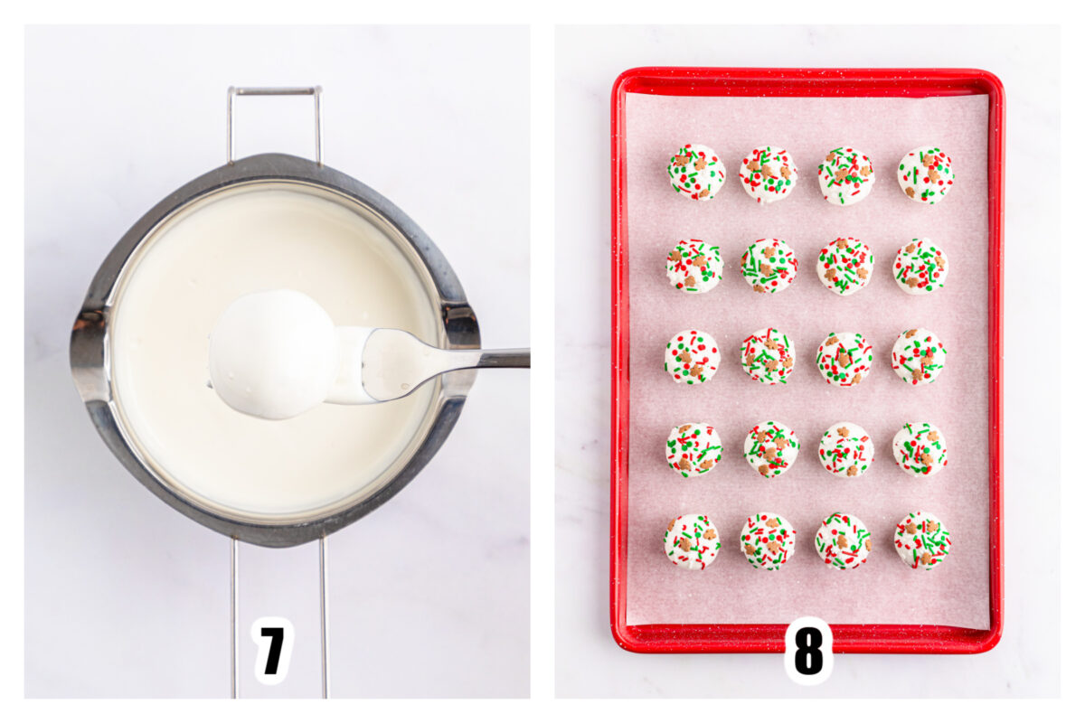 Cake ball coated in chocolate on a fork, and coated balls on a sheet pan covered in sprinkles.