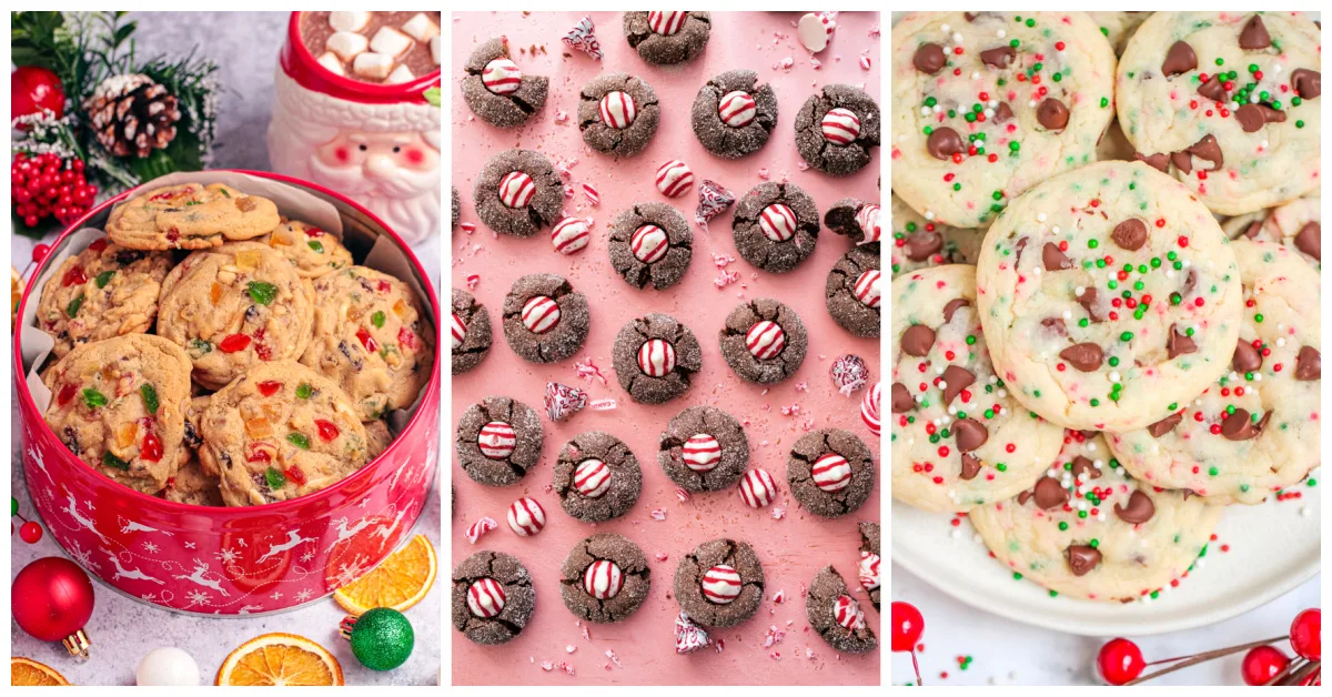 Featured Christmas cookies including fruitcake cookies, chocolate peppermint kiss cookies, and Christmas chocolate chip cake mix cookies.
