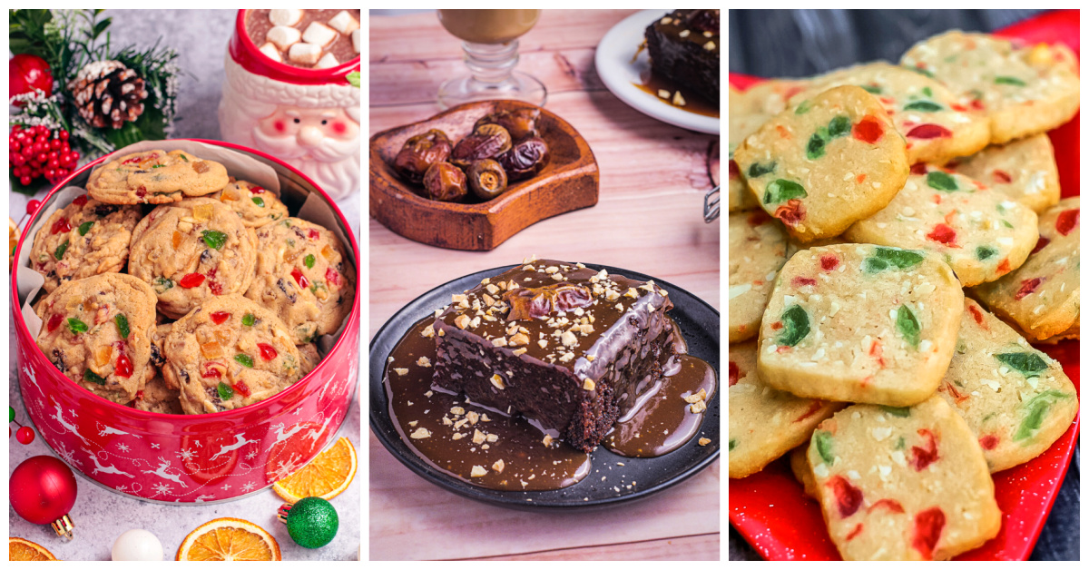 Featured holiday recipes including fruticake cookies, sticky date pudding, and stained glass window shortbread cookies.
