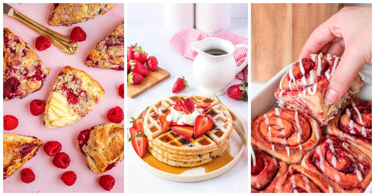 Featured brunch recipes including raspberry scones, strawberry waffles, and raspberry sweet rolls.