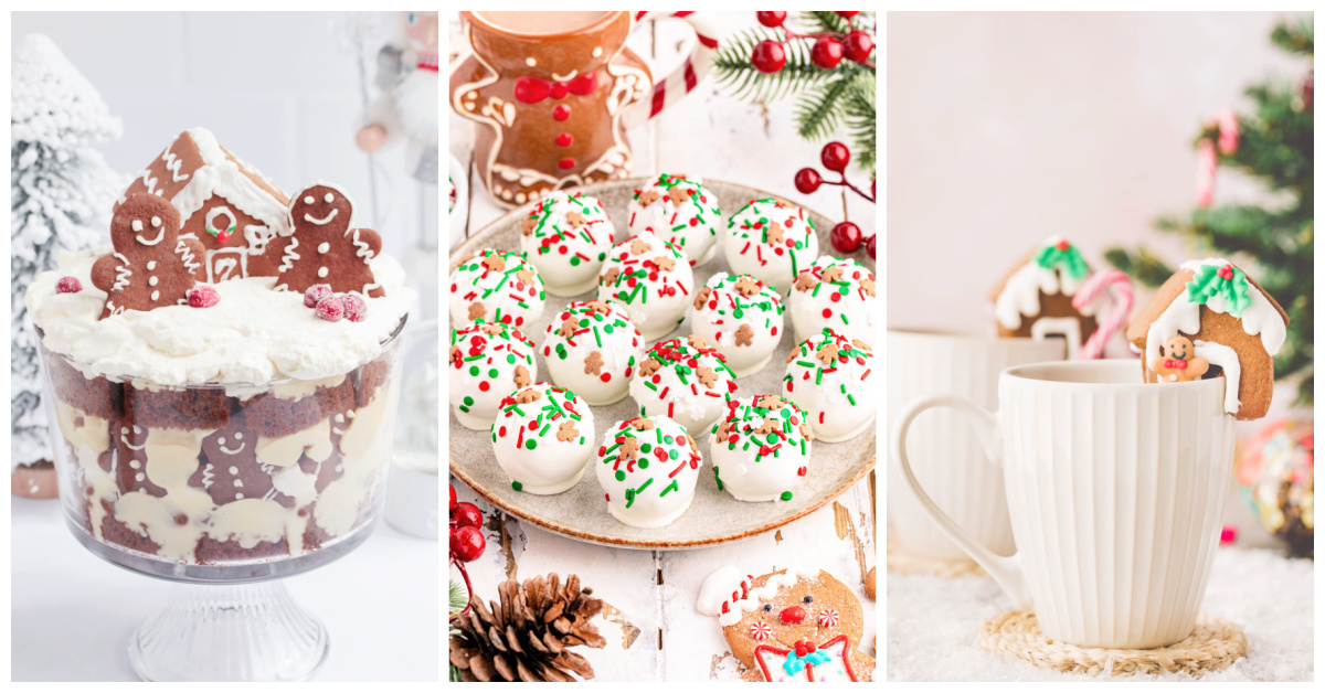 Featured gingerbread recipes including gingerbread trifle, gingerbread cake balls, and gingerbread house mug toppers.
