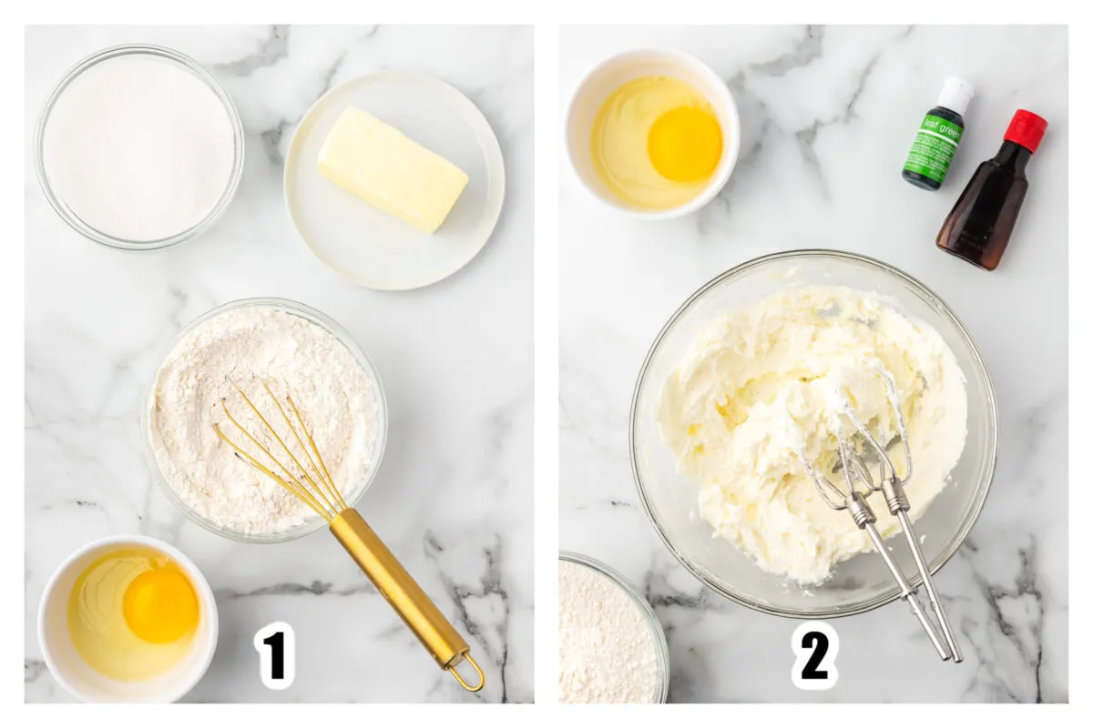 Dry ingredients combined in a bowl, and butter and sugar creamed together.