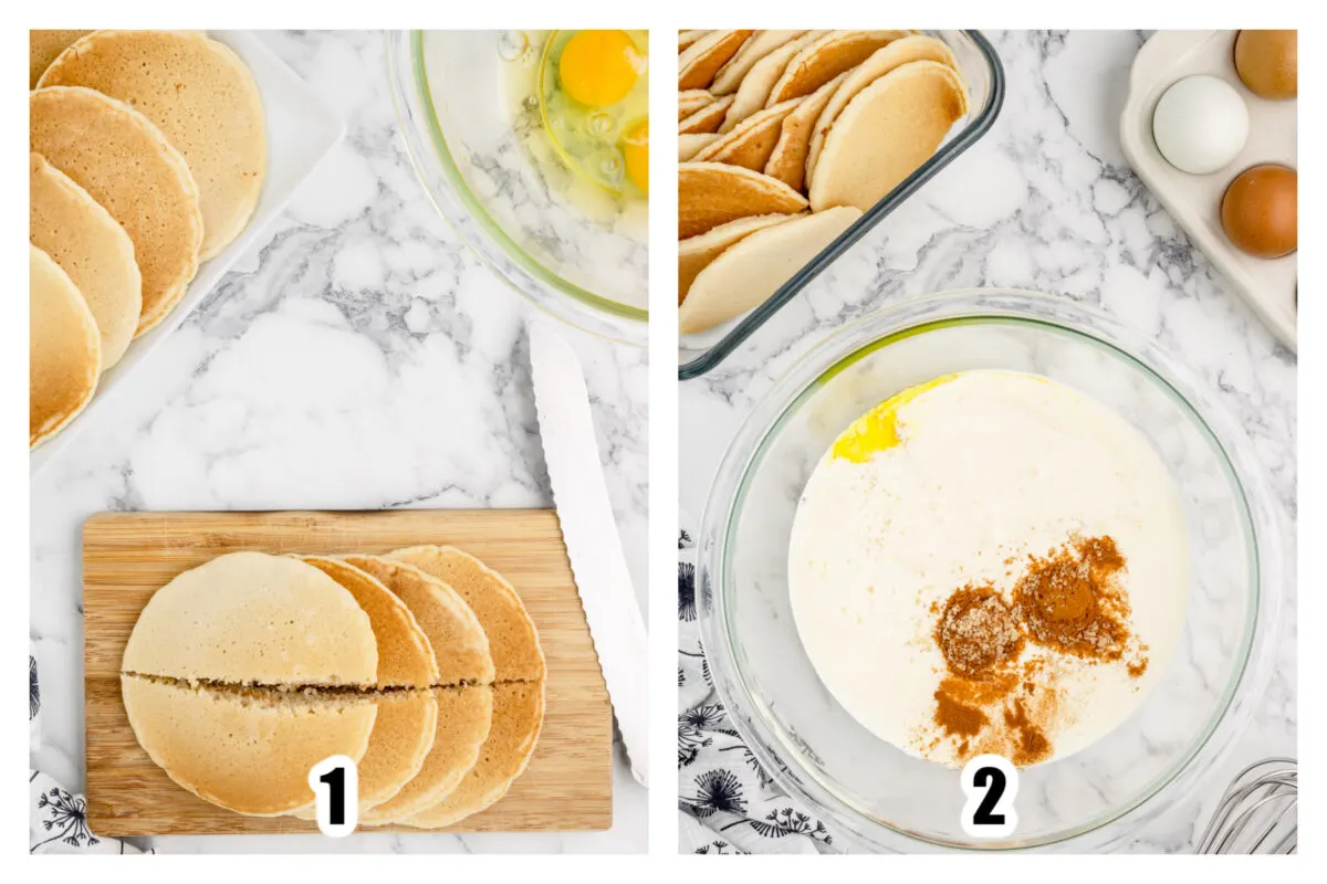 Pancakes cut in half and custard ingredients in a bowl.