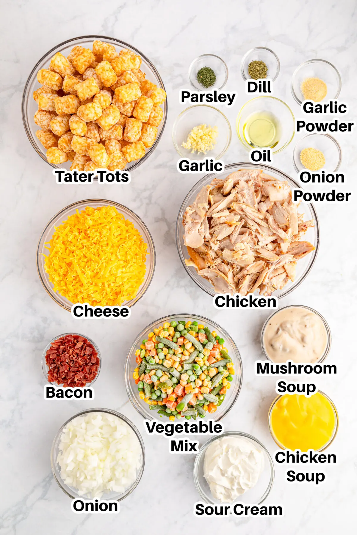 Ingredients for Chicken Tater Tot Casserole.