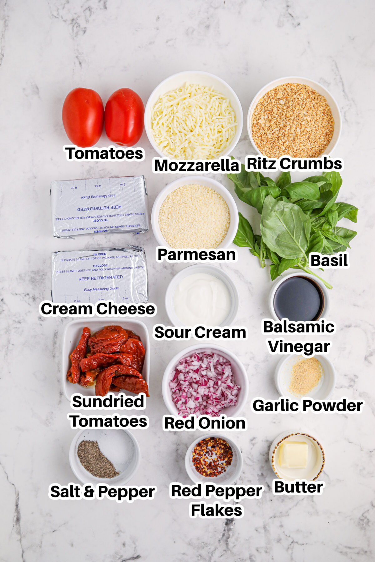 Ingredients for Bruschetta cheese ball.
