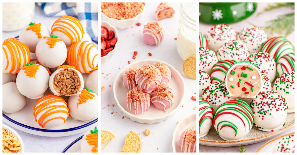 Featured dessert balls including carrot cake cheesecake balls, strawberry shortcake Oreo balls, and sugar cookie balls.
