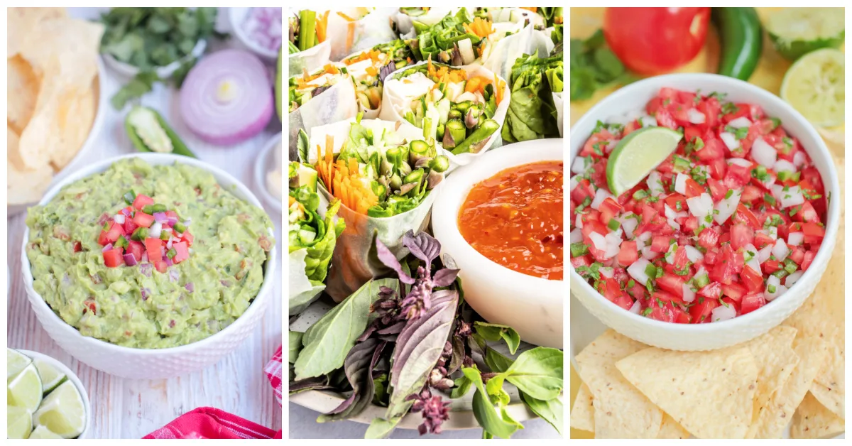 Featured appetiser recipes including chunky guacamole, thai basil zucchini summer rolls, and pico de gallo.