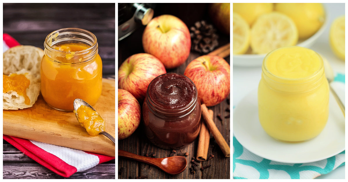 Featured recipes to serve with English scones including peach jam, apple butter, and lemon curd.
