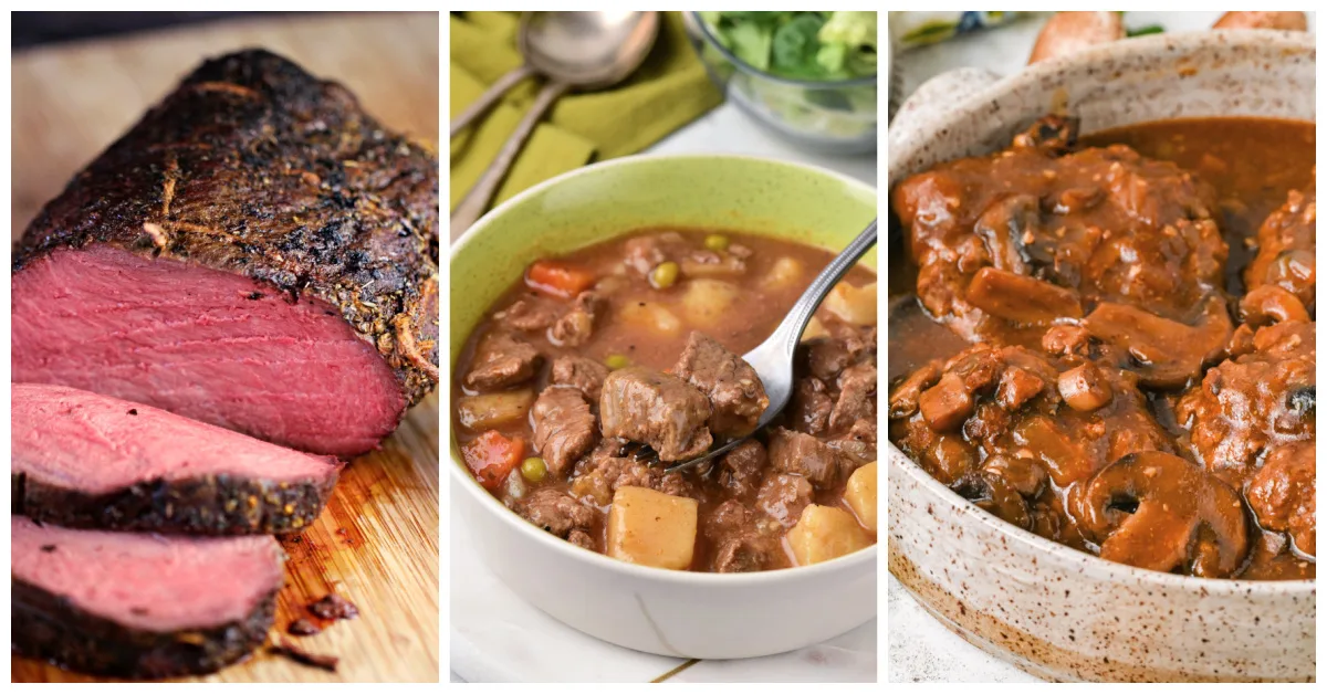 Featured beef dinner recipes, including sirloin tip roast, instant pot beef stew and instant pot salisbury steak.