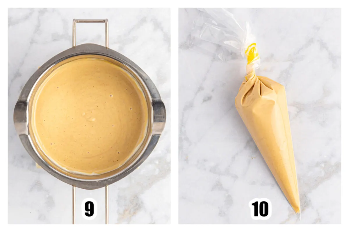 Peanut butter and white chocolate melted together and placed in a piping bag.