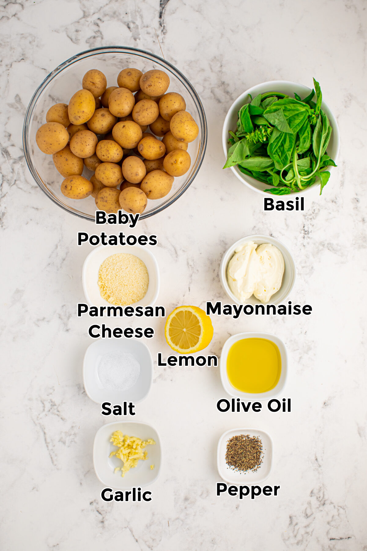 Ingredients for creamy pesto potato salad.