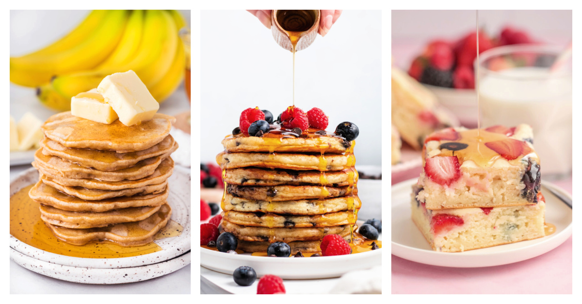 Featured pancake recipes including banana pancakes, chocolate chip pancakes, and berry sheet pan pancakes.