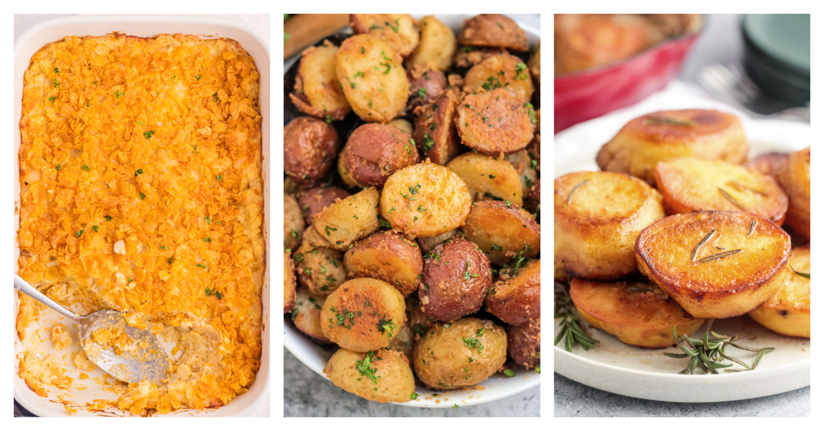 Potato side dish recipe including funeral potatoes, garlic parmesan baby potatoes, and melting potatoes.
