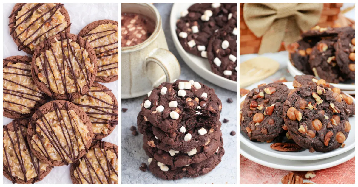 Featured chocolate cookie recipes including german chocolate cake cookies, hot chocolate cookies, and chocolate turtle cookies.