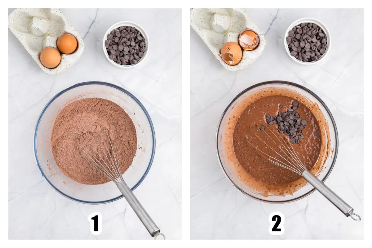 Dry ingredients combined in a bowl then remaining ingredients added and mixed together.