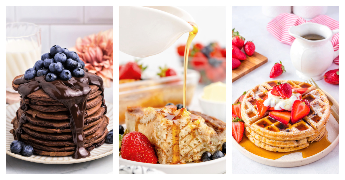Featured breakfast recipes including chocolate pancakes, pancake casserole, and strawberry waffles.