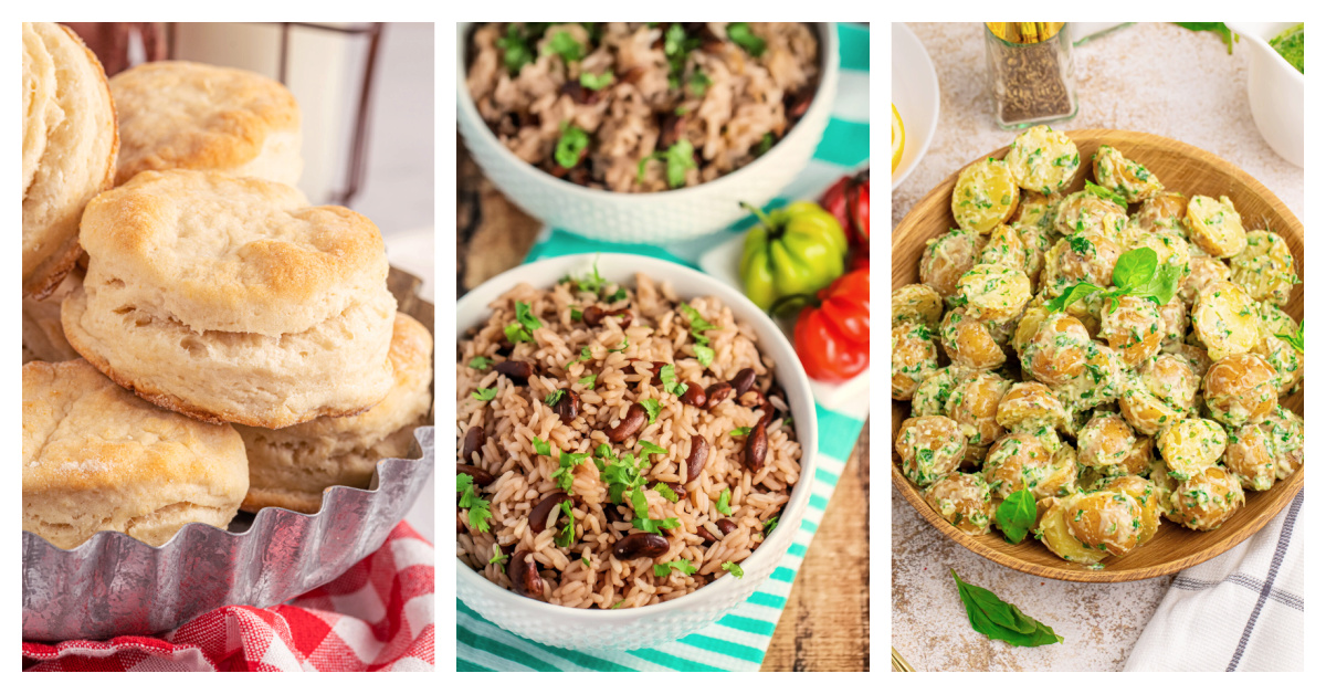 Featured side dishes including 7-up biscuits, Jamaican rice and peas, and pesto potato salad.