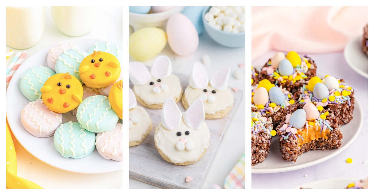 Featured Easter treat recipes including Easter chocolate covered Oreos, Bunny face cookies, and cocoa pebbles Easter nests.