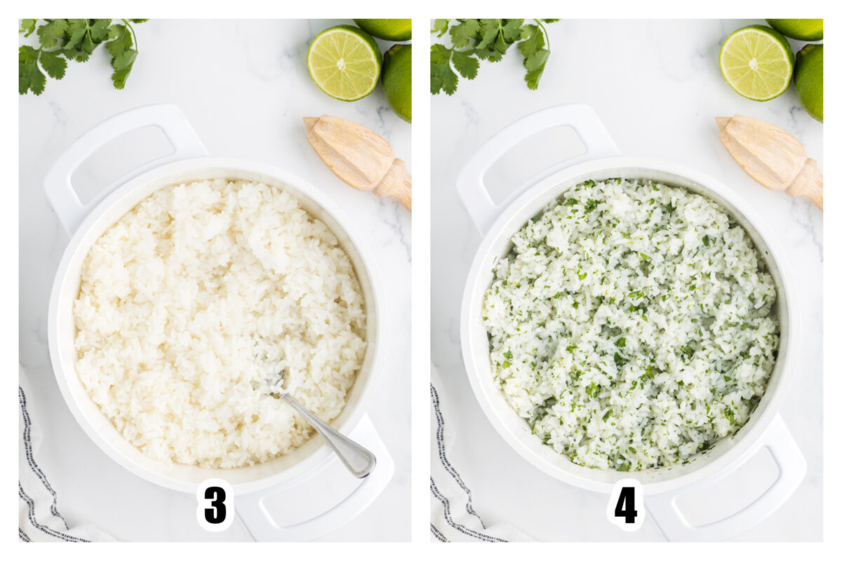 Cooked rice in a pot fluffed up with a fork, then lime zest and cilantro tossed in.