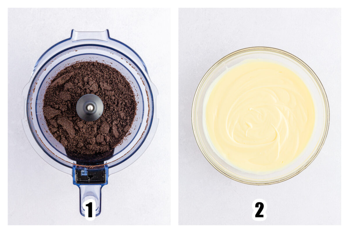 Image 1 - Oreos pulsed in a food processor until they are crumbs, and  Image 2 - Pudding prepared in a large glass bowl.