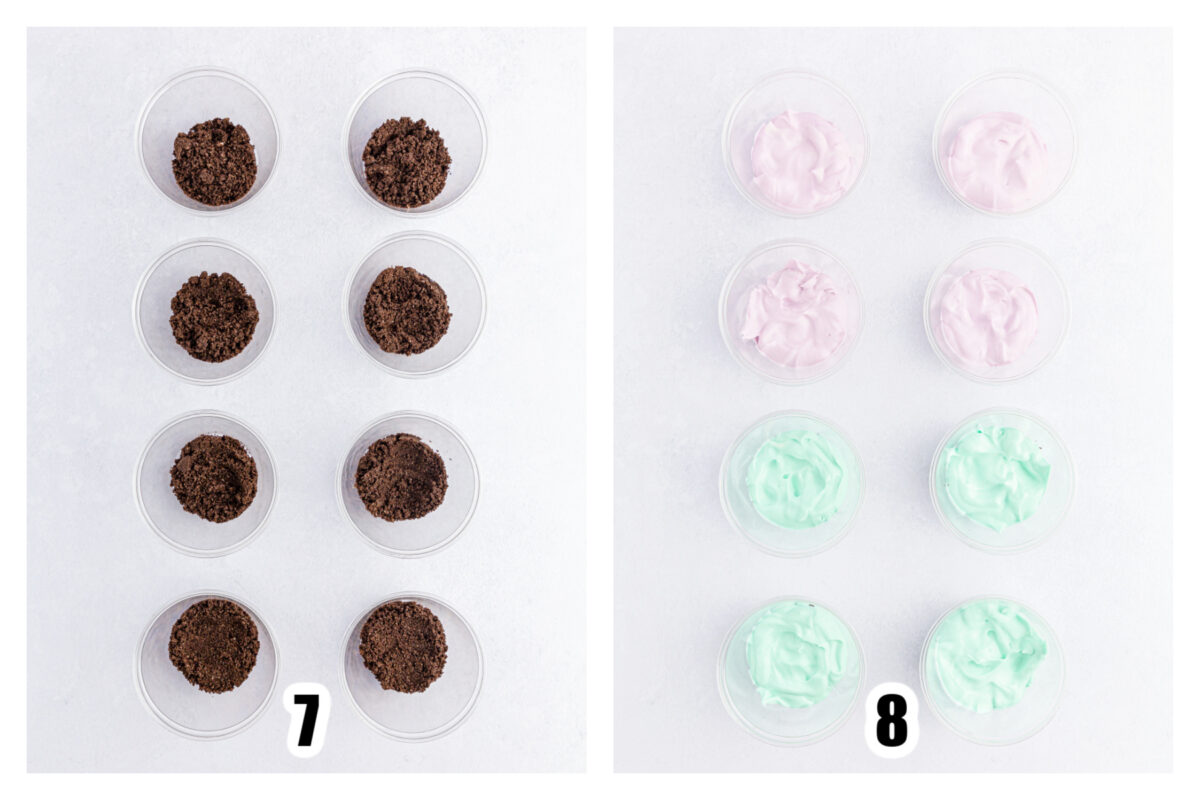 Image 7 - Oreo crumbs in the bottom of 8 plastic cups. Image 8 - Green and purple pudding added to 4 each of the cups.