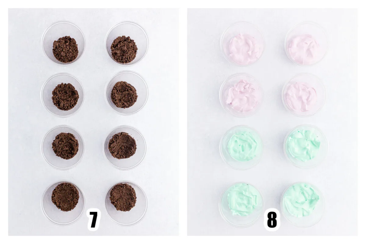 Image 7 - Oreo crumbs in the bottom of 8 plastic cups. Image 8 - Green and purple pudding added to 4 each of the cups.