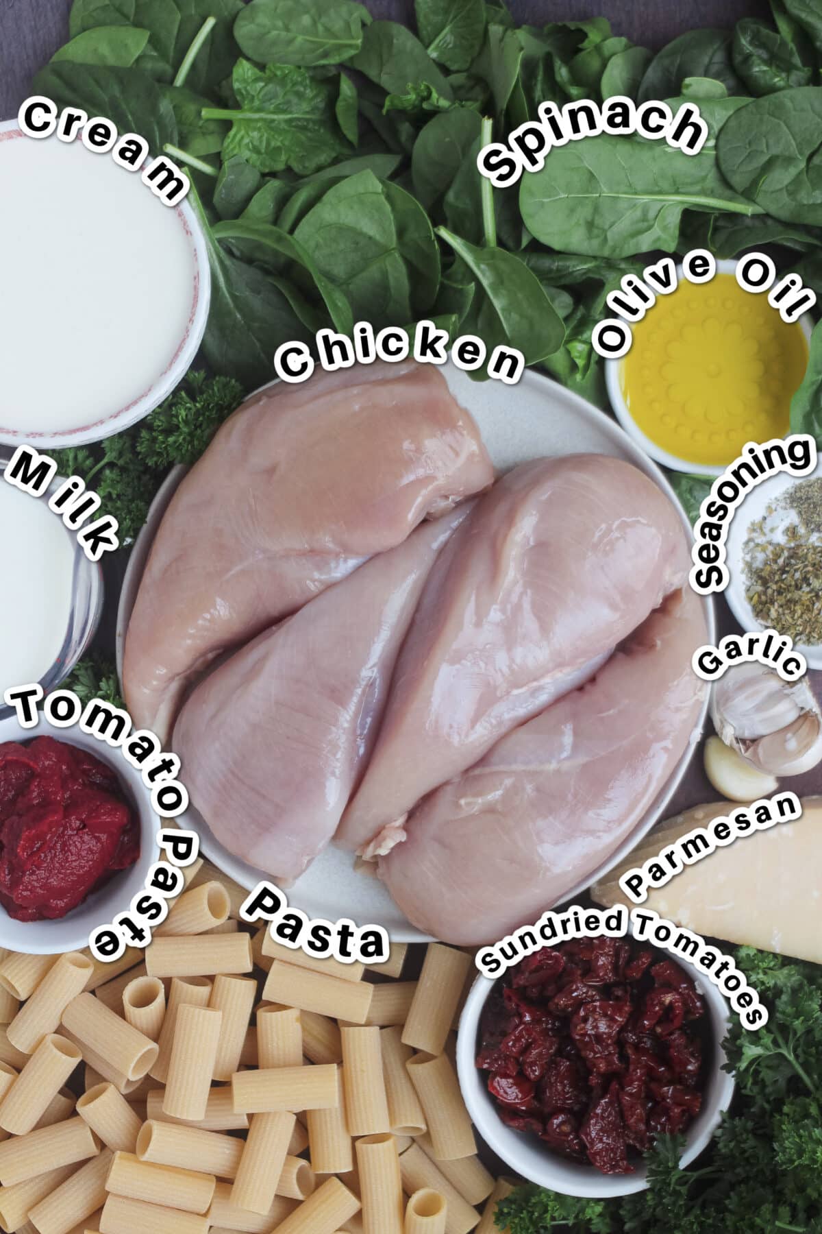 Ingredients for Tuscan chicken pasta.