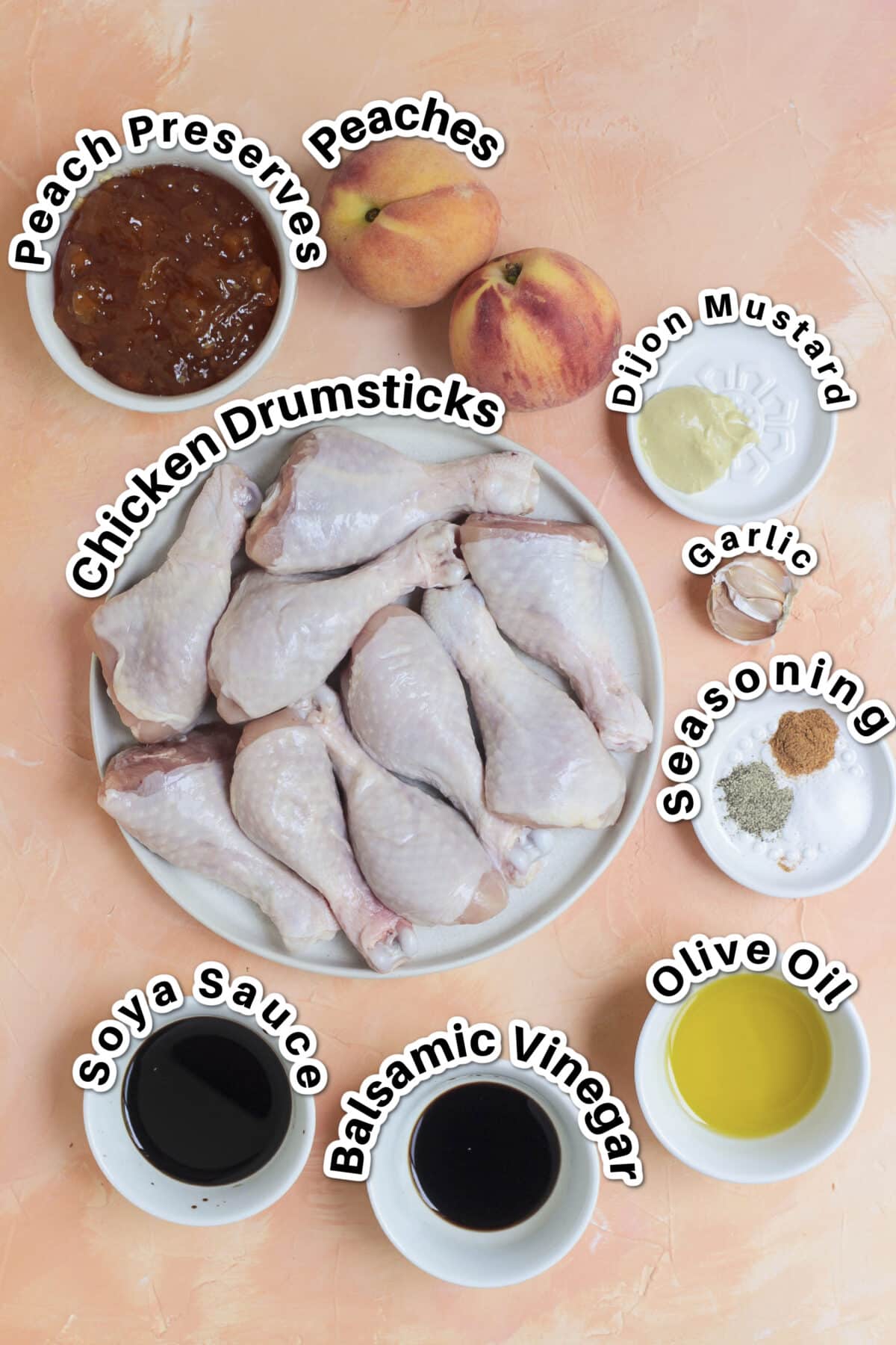 Ingredients for grilled peach glazed chicken drumsticks.