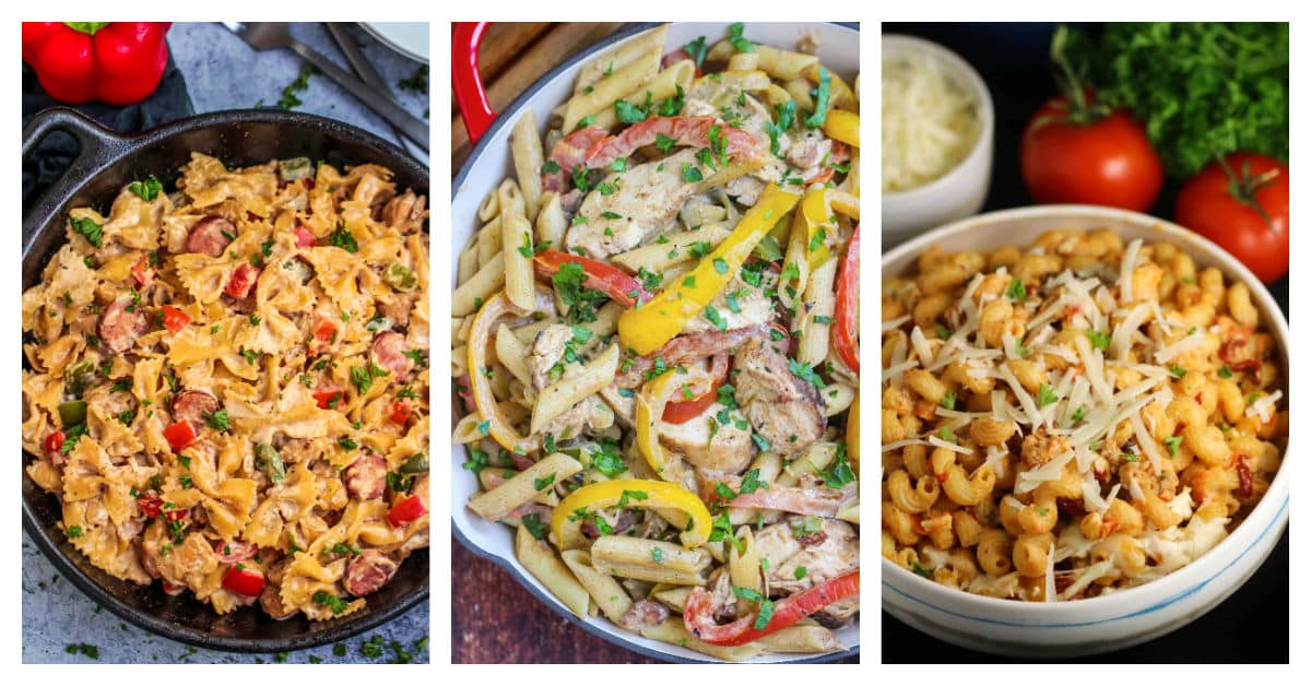 Featured pasta dinners including cajun chicken alfredo pasta, Jamaican jerk chicken pasta, and creamy cavatappi pasta.