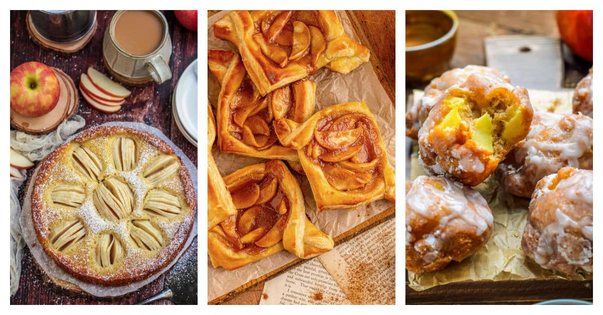 Featured apple recipes including German apple cake, apple danish, and old fashioned apple fritters.