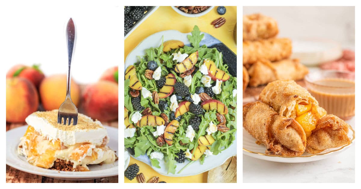 Featured peach recipes including peach delight, grilled peach salad, and peach cobbler egg rolls.