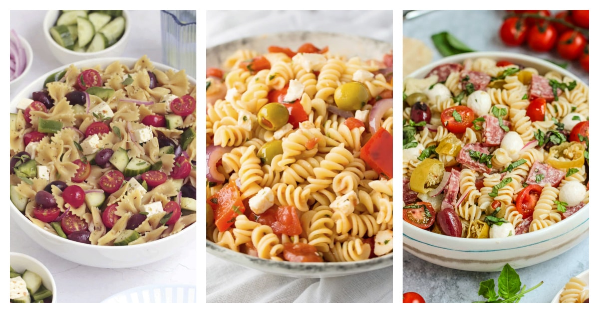 Featured pasta salad recipes including greek pasta salad, Calabrese pasta salad, and antipasto pasta salad.