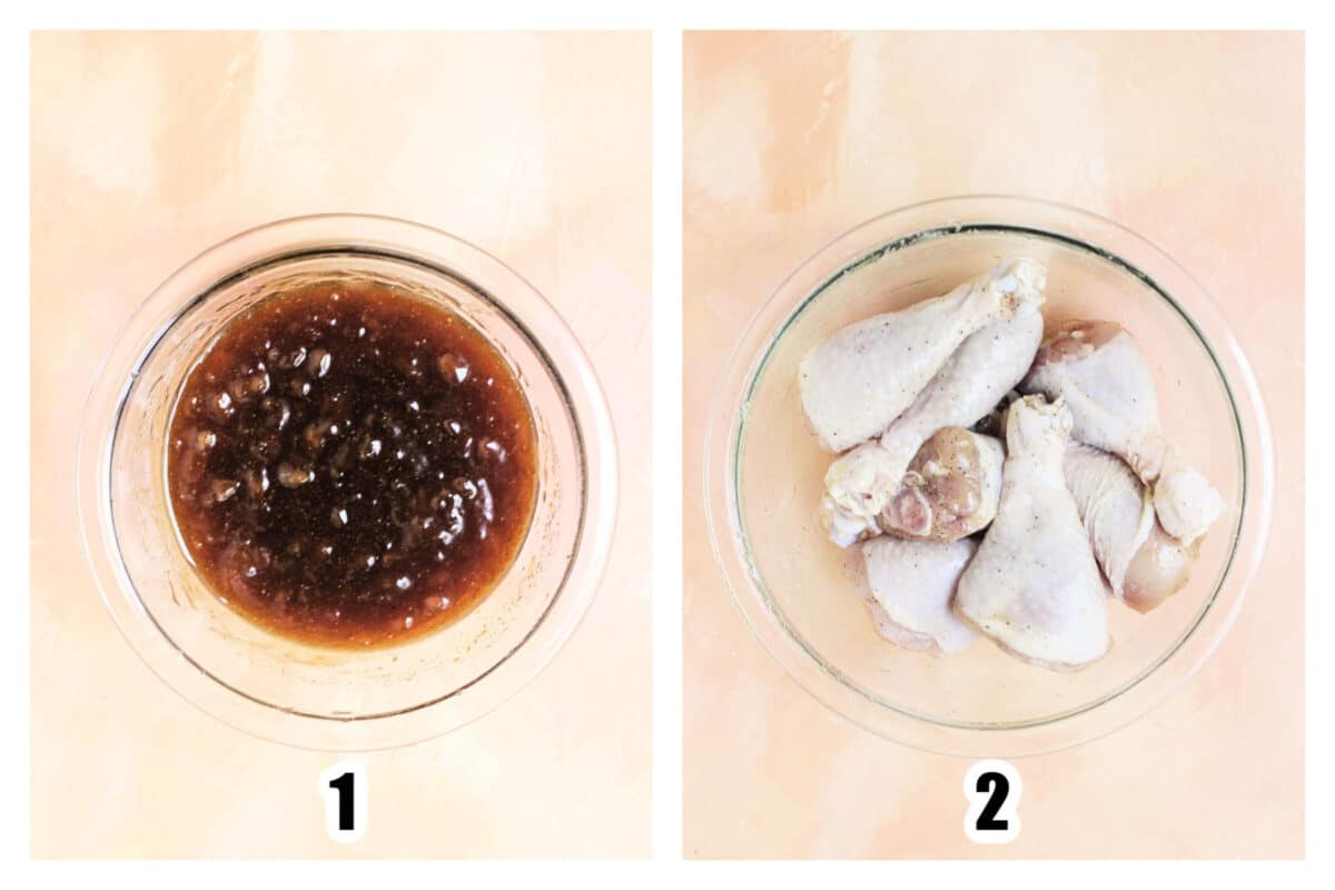 Glaze prepared in a small glass bowl, and chicken drumsticks seasoned in a medium bowl.
