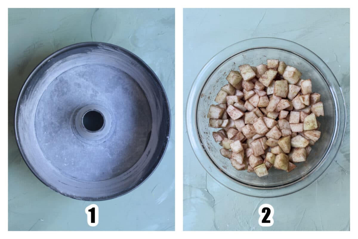 Tube pan greased and floured, and apples in a glass bowl tossed with cinnamon, sugar, and lemon juice.