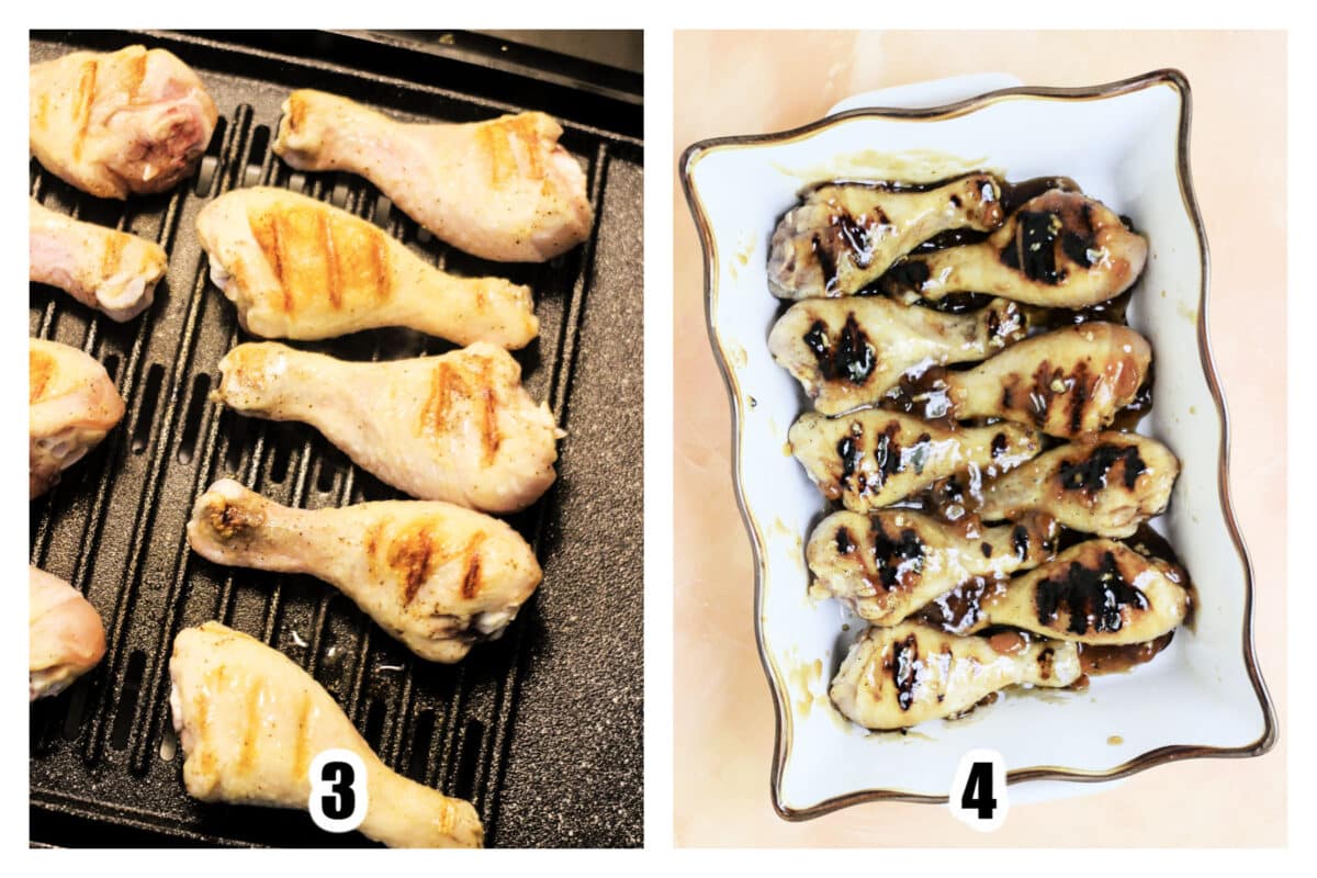 Chicken seared on a grill, then placed in a baking dish with the peach glaze.