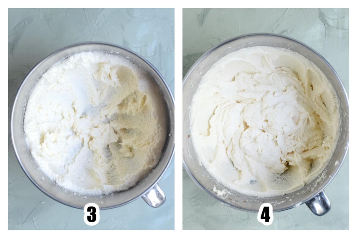 Mixing bowl with the sugar and butter creamed together, then eggs, sour cream and vanilla mixed in.