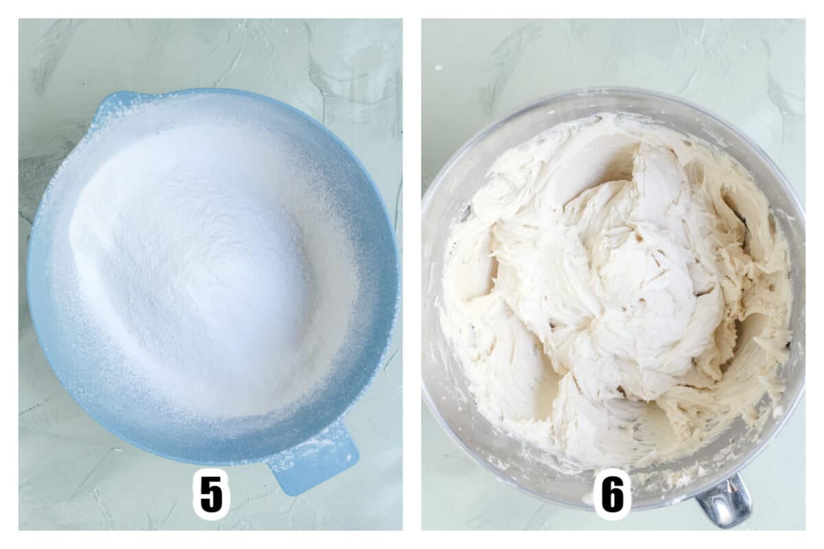 Dry ingredients sifted into a large blue bowl, then mixed into the mixing bowl with the wet ingredients.