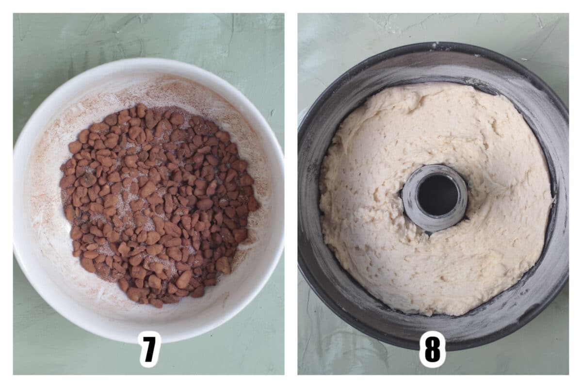 Walnuts mixed with cinnamon and sugar in a bowl. Cake batter spooned into the tube pan.