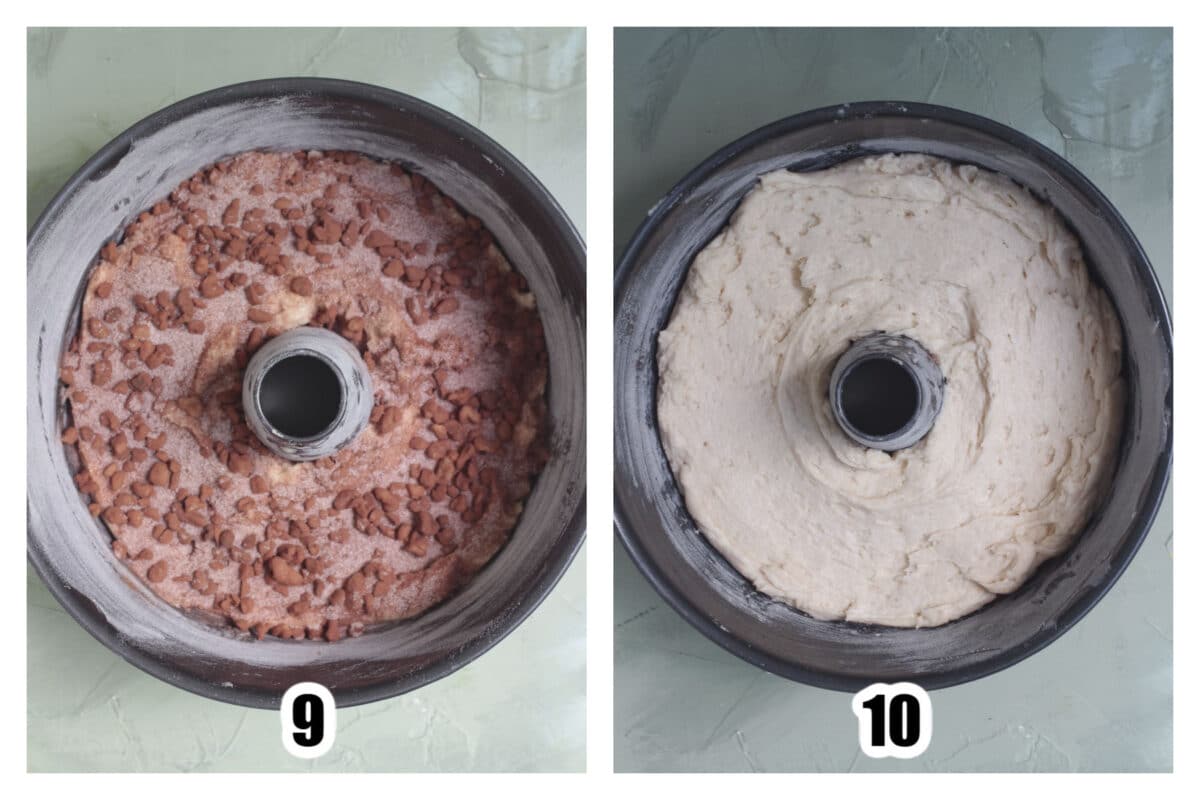 Topping sprinkled over the cake batter in the tube pan, then batter spooned into the tube pan.