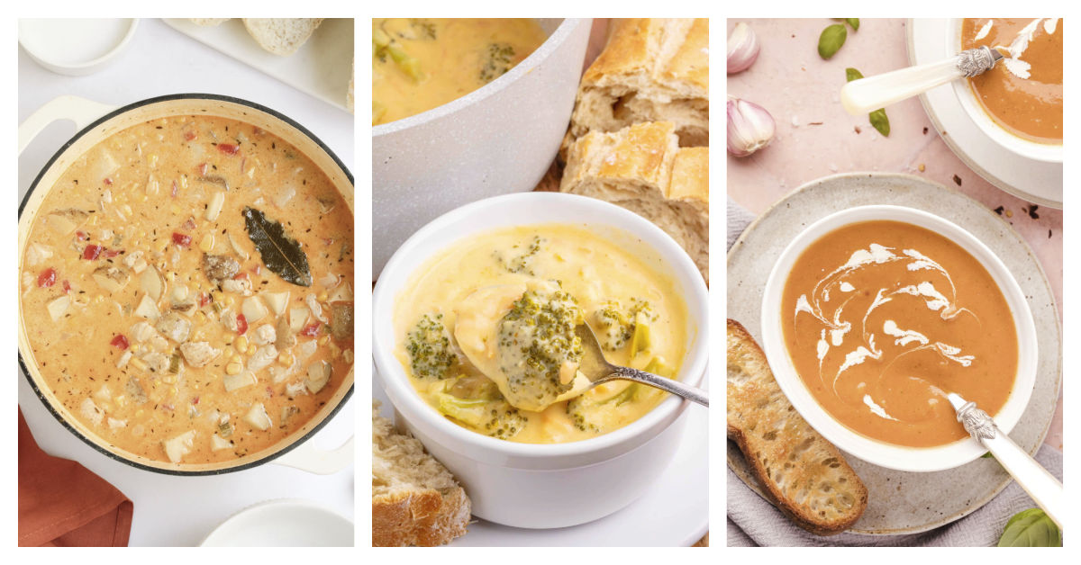 Featured soup recipes including chicken and corn chowder, broccoli cheddar soup, and roasted tomato soup.