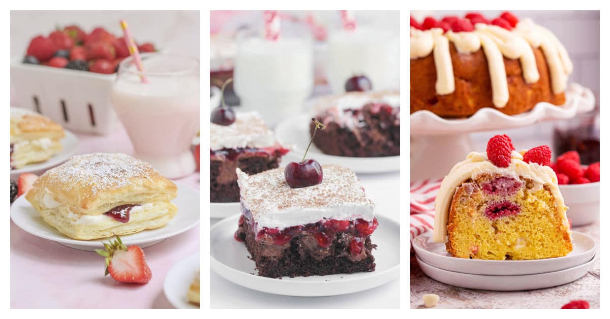 Featured desserts including homemade flakies, black forest poke cake, and white chocolate raspberry bundt cake.