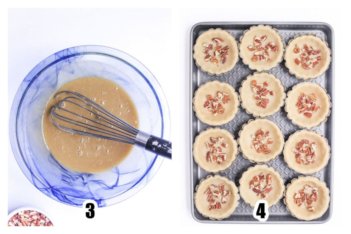 Filling whisked together in a large glass bowl. Pecans added to tart shells.