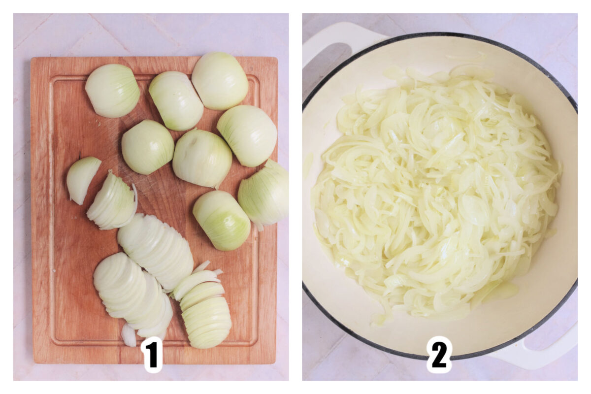 Onions being sliced on a wooden cutting board, and softened in a dutch oven.