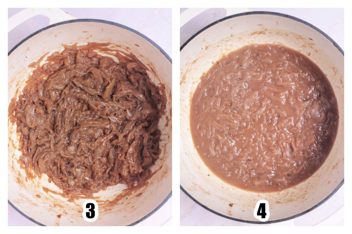 Onions carmelised in the dutch oven, then floour and some broth added.