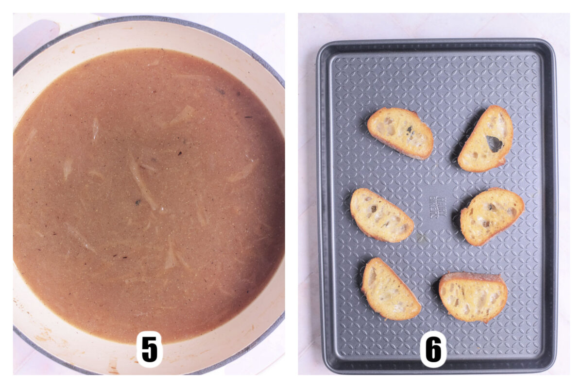 Soup ready in the dutch oven, and bread crisped in the oven on a sheet pan.