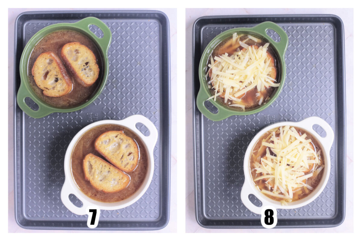 Soup ladled into white and green cocottes and topped with crisped bread and cheese.